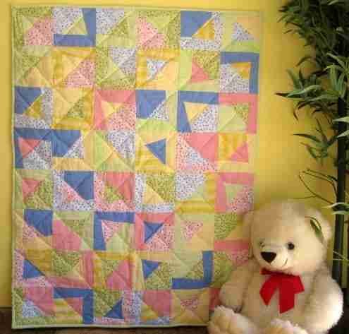 handmade baby quilt, blue and yellow print